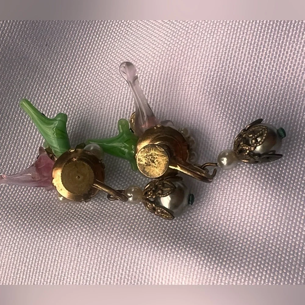 Vintage Rare Early Miriam Haskell Robert Brass Filigree glass leaf Earrings Set